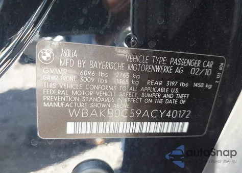 2010 BMW 760Li z USA, uszkodzony, nr VIN WBAKB0C59ACY40172